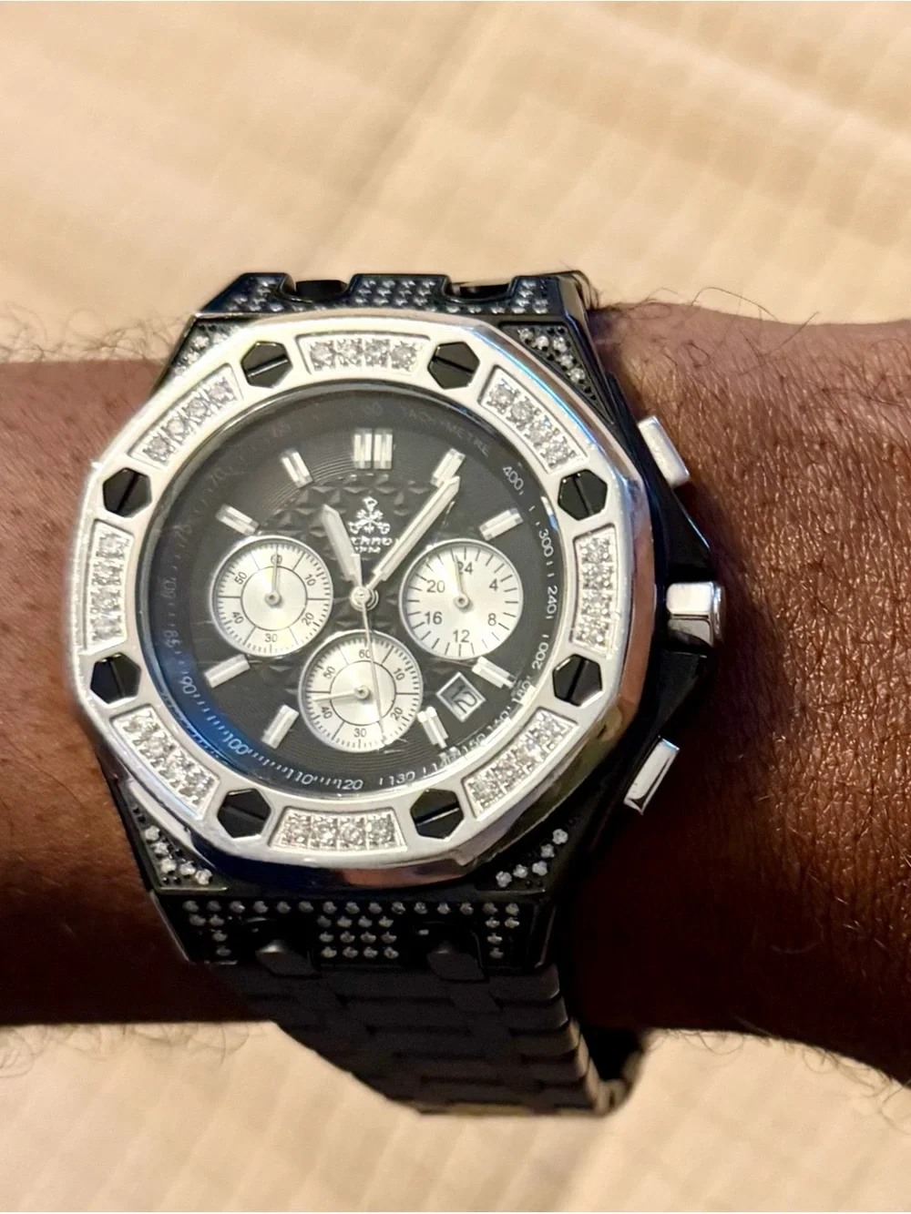 Men’s Black and Silver Techno JPM 2.5ct Genuine Diamond Bezel Watch